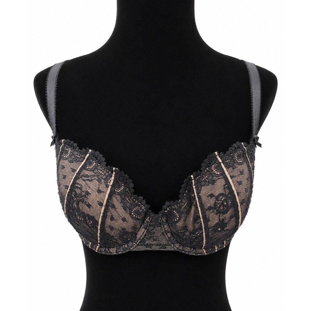 DNKY Womens Lined Padded Underwire Bra Size 34D Black Nylon Floral Lace Stretch